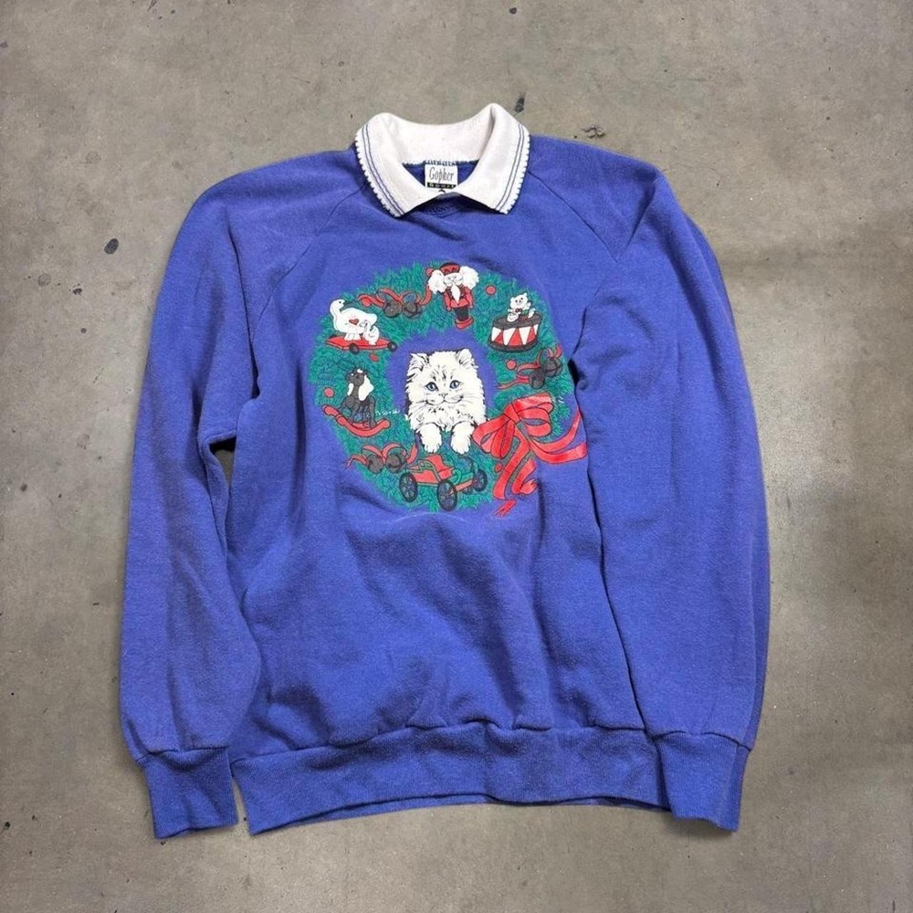 Vintage Gopher Sport Cat Christmas Wreath Collared Sweatshirt Blue Womens Large